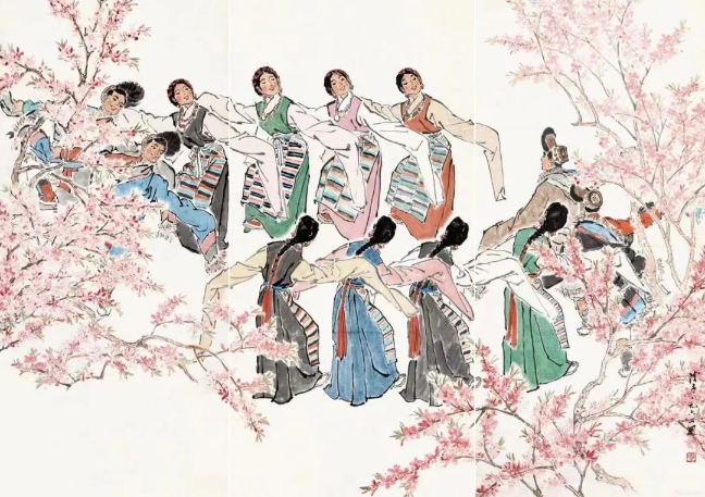 葉淺予高原之春紙本設色211cm×98cm、211cm×105cm、211cm×98cm1964年